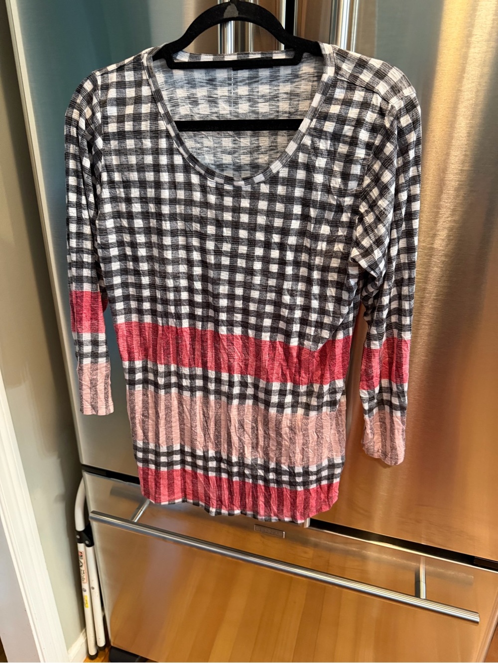 David Cline Black & White Checked Long Sleeve Top with Pink Bands